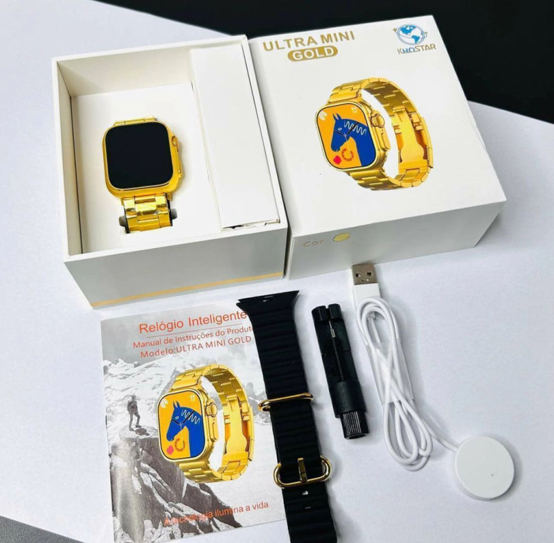 Relogio Inteligente Smart Watch ultra mini gold unissex 48mm - 2 pulseiras - cod75